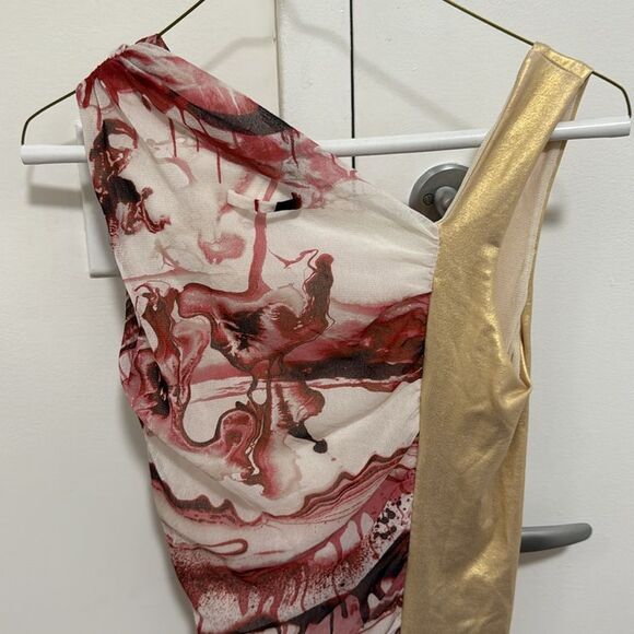 Jean Paul Gaultier Soleil 90’s Mesh Ruched Dress with Gold & Abstract Pattern. - Picture 5 of 9